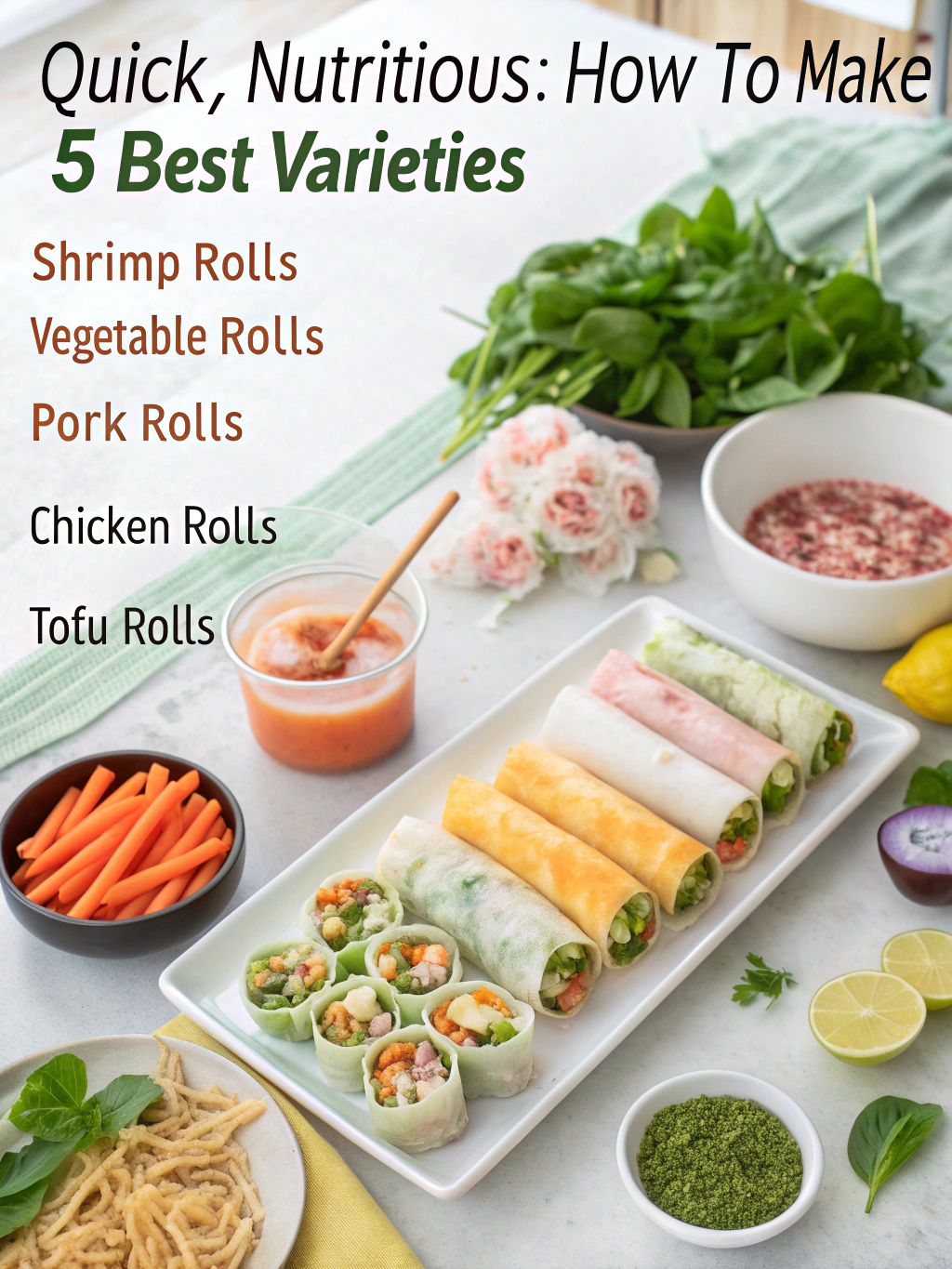 Fresh spring rolls arranged on a wooden board with dipping sauce