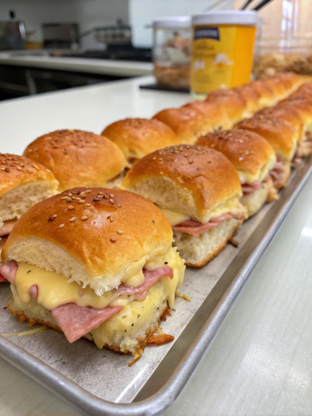 Ham and cheese sliders on a white plate, golden brown tops with melted cheese oozing out sides