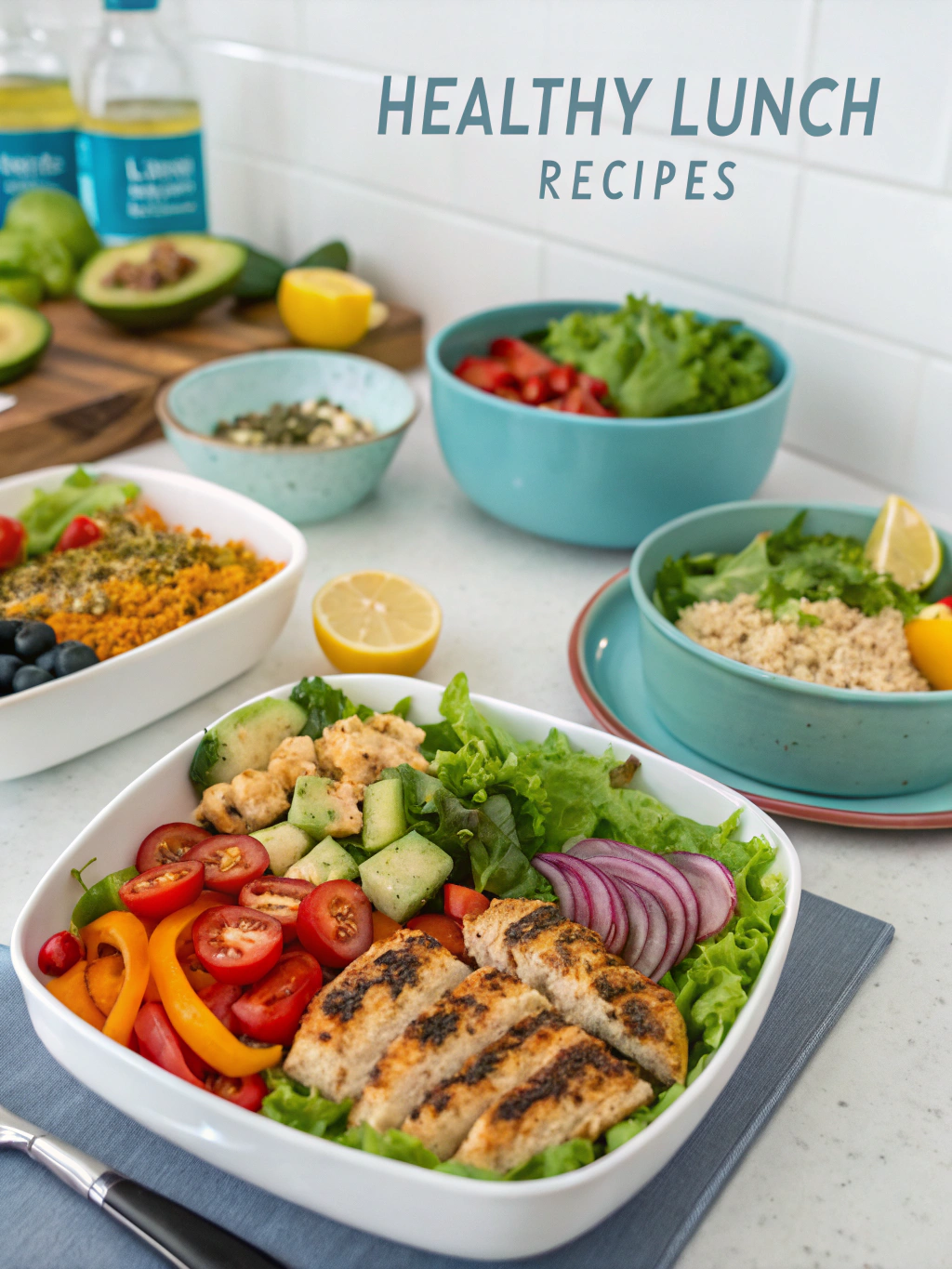 healthy lunch recipes for weight loss featuring colorful containers with protein-packed meals