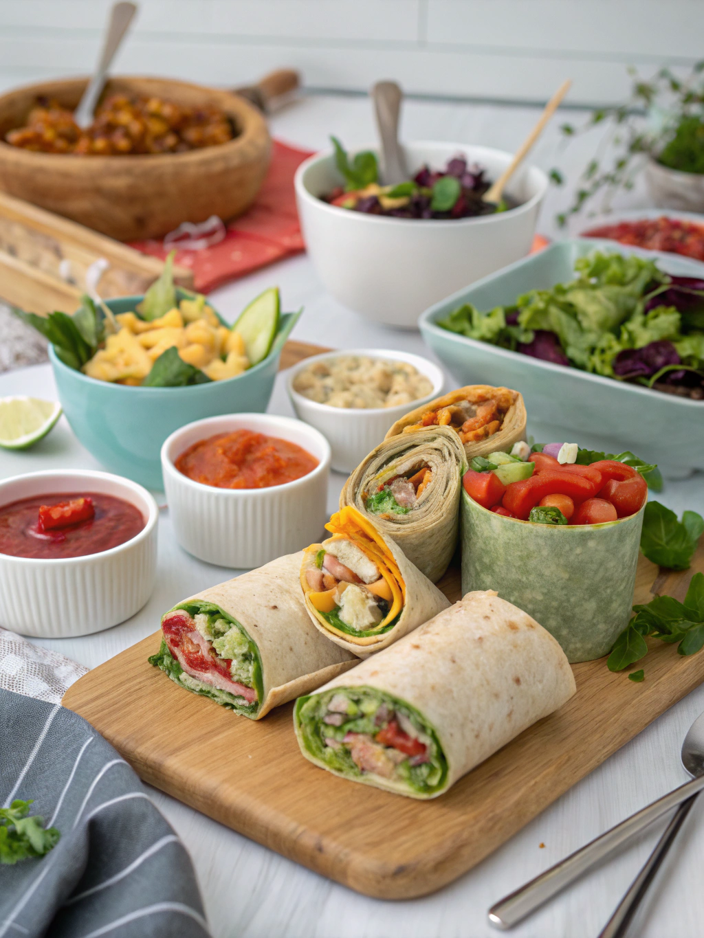 Colorful lunch wraps on wooden board with sliced vegetables